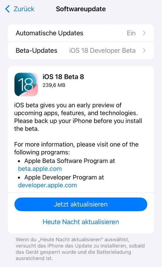 勃利苹果手机维修分享苹果 iOS / iPadOS 18 开发者预览版 Beta 8 发布 